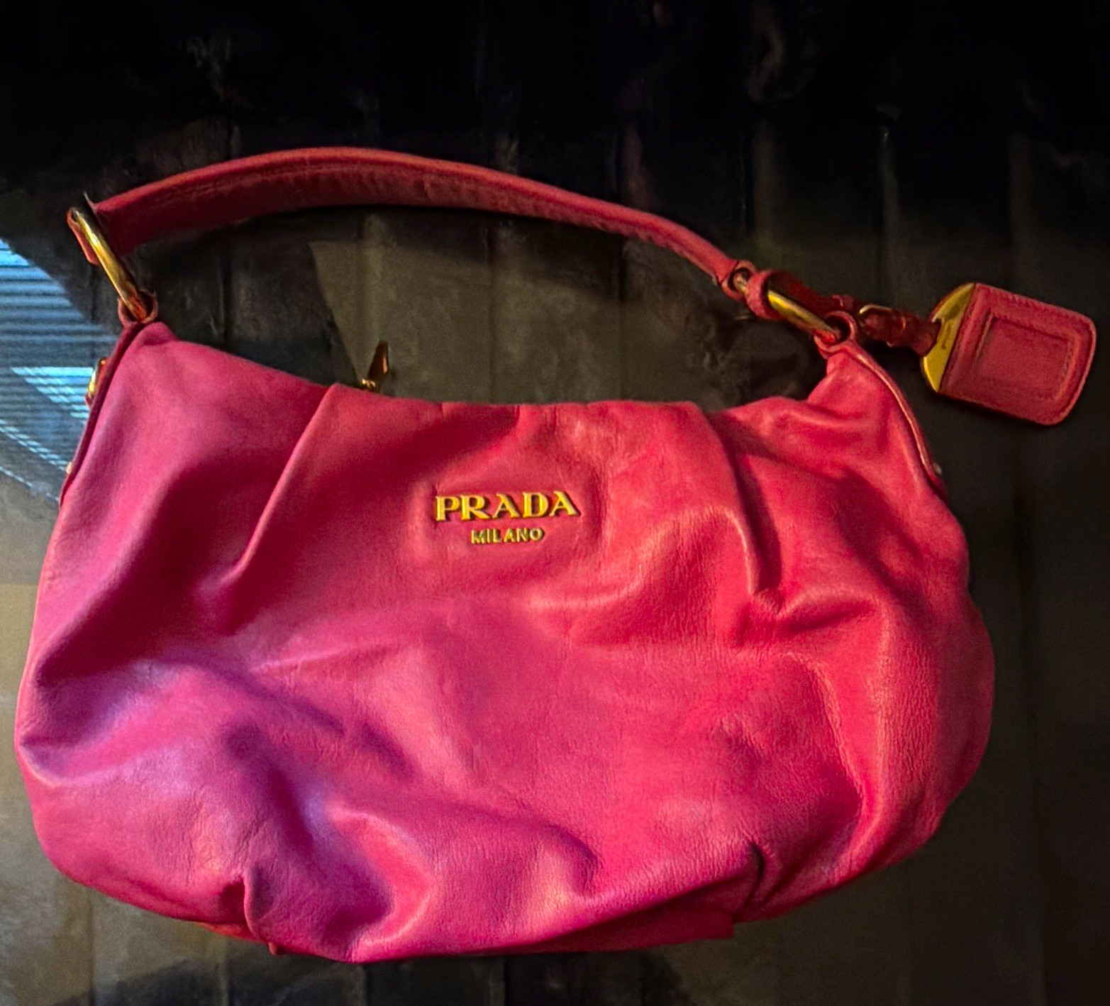 PRADA Milano Pink Shoulder Bag Top Handle Zip Closure Gold Hardware Charm PRADA Milano Pink Shoulder Bag Top Handle Zip Closure Gold Hardware Charm