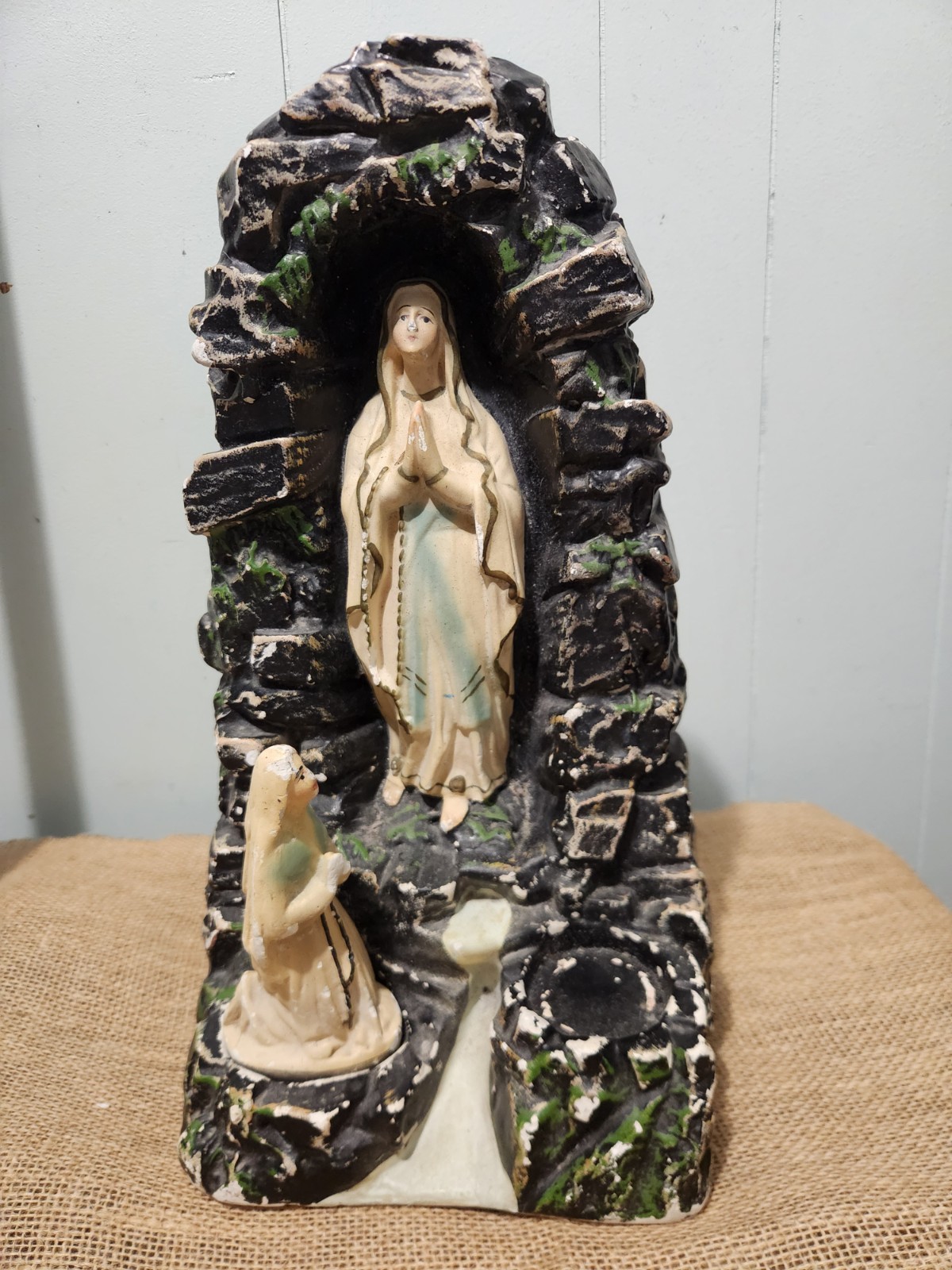 Vintage Chalkware Madonna Mary  Bernadette Lourdes Grotto Candle Holder  Font