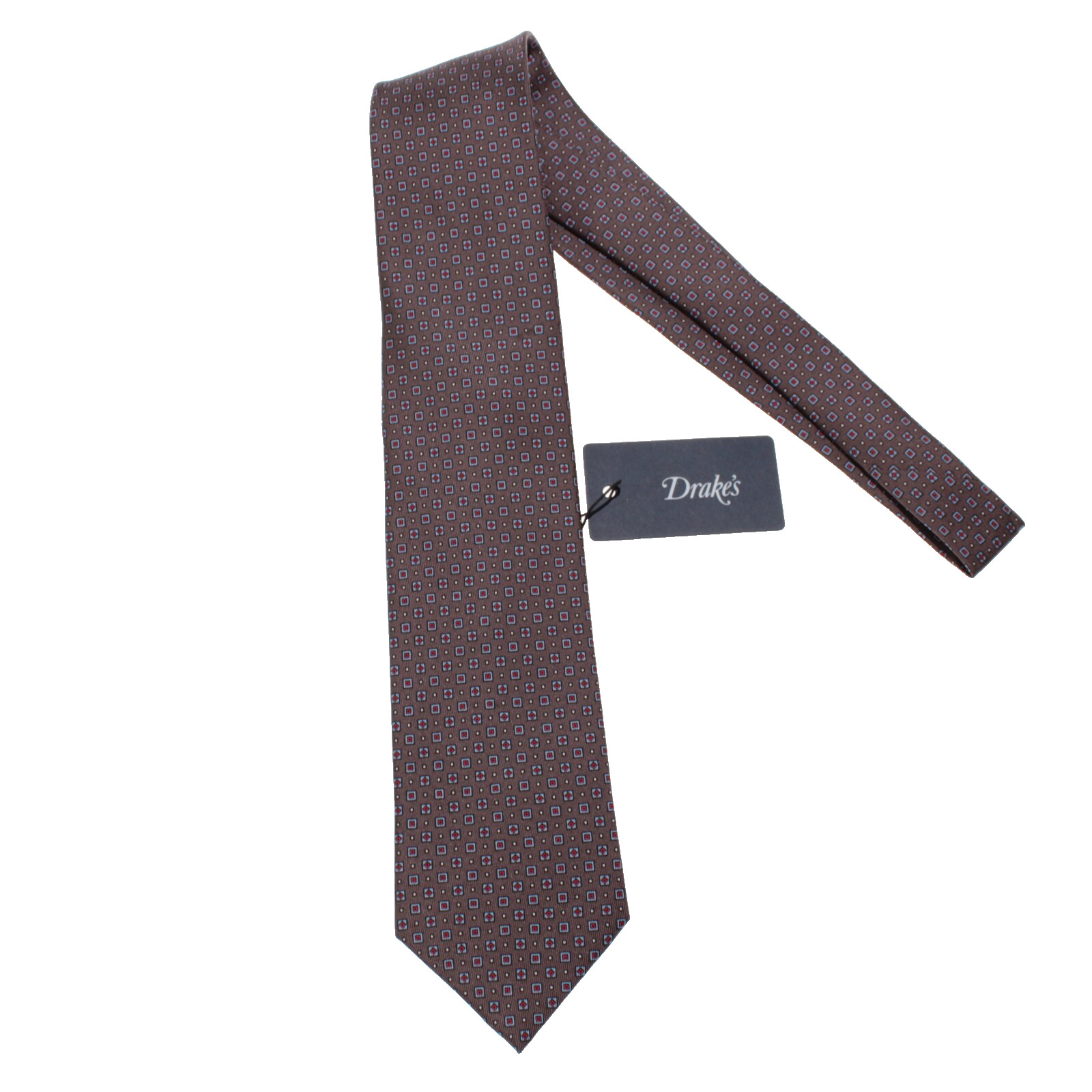 Drake\'s NWT Neck Tie in Brown with Blue/Red/White Geometric Pattern 100% Silk