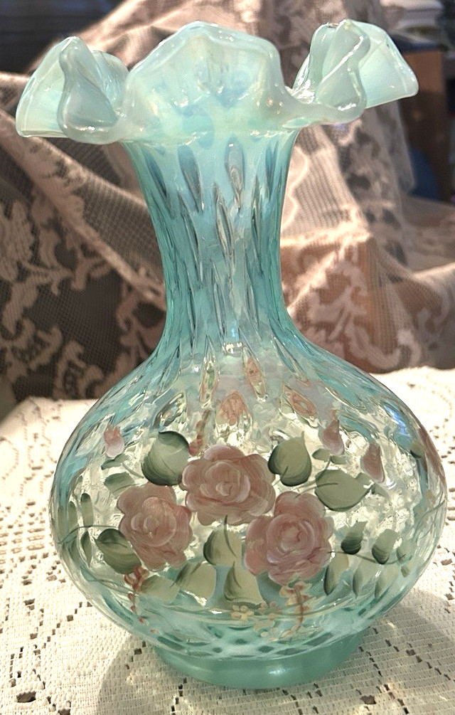 Vintage Fenton Blue Diamond-Optic Trellis Glass Vase Rose Hand Painted Signed