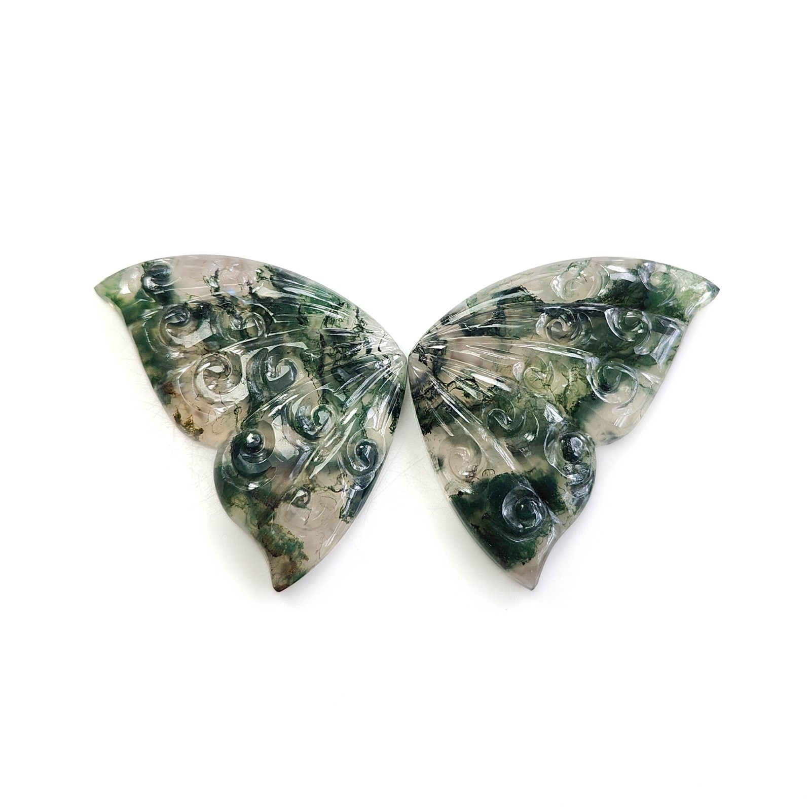 62.40cts Natural Moss Agate Gemstone Carving Bi-Color Butterfly 36*23mm Pair