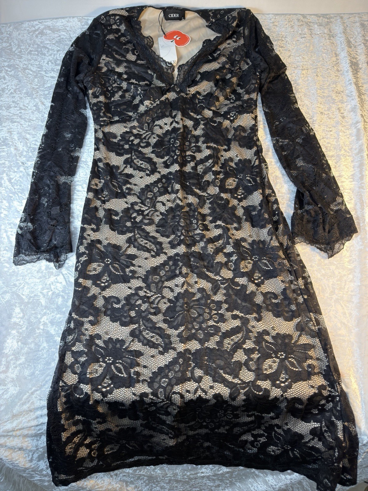 CIDER Black Lace Midi Dress XL Gothic Sheer Stretch Long Sleeve NWT CIDER Black Lace Midi Dress XL Gothic Sheer Stretch Long Sleeve NWT