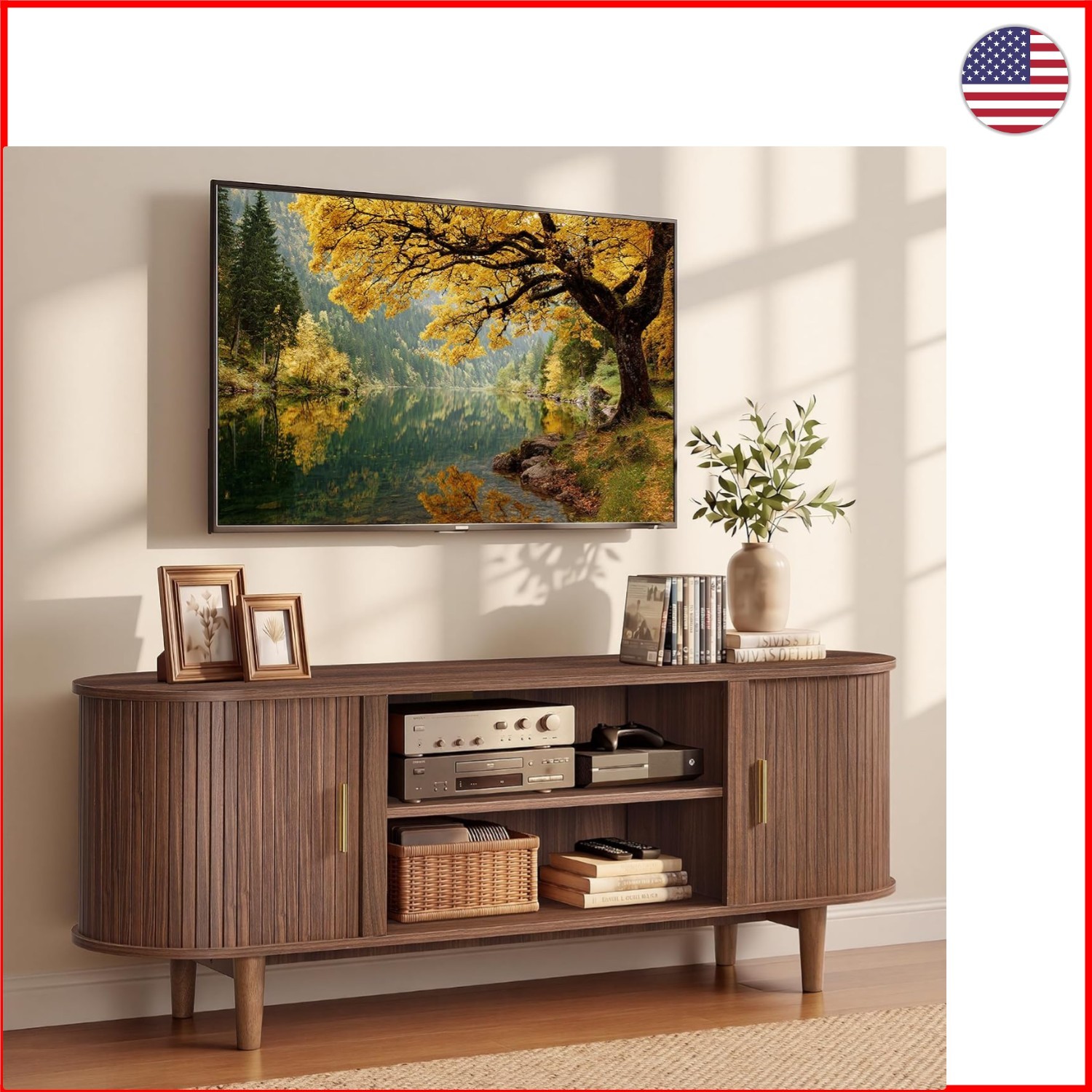 Elegant 58-Inch Mid-Century TV Stand with Fluted Sliding Doors - Walnut Finish