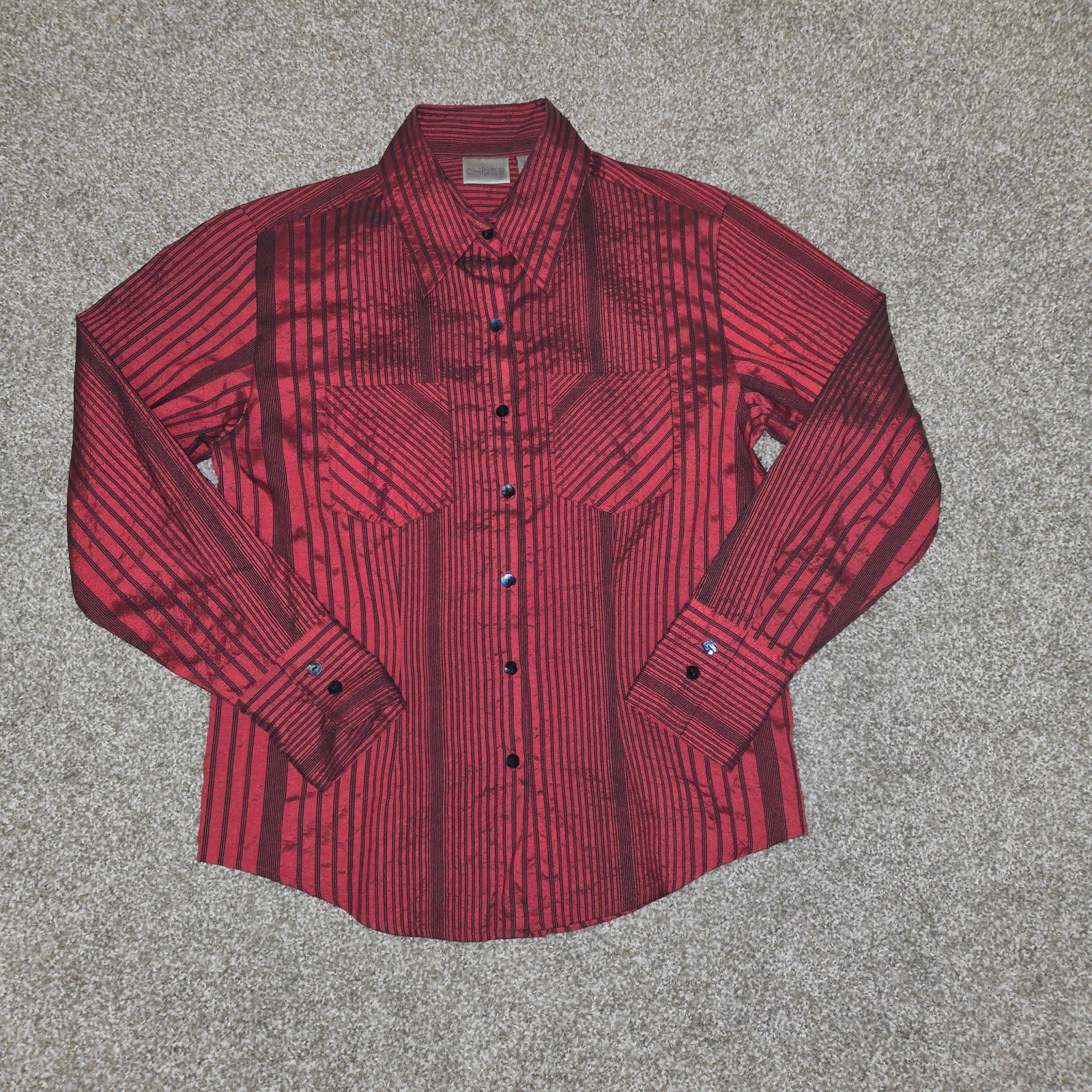 Chico\'s Women’s 0 Red Black Striped Silk Blend Woven Collared Button-Up Shirt