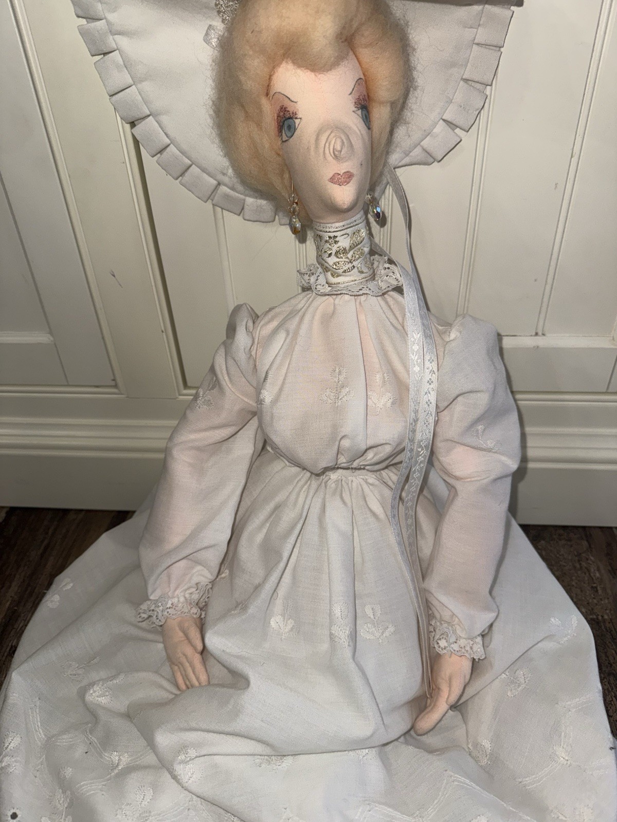 OOAK Artisan Cloth Doll Victorian Lady Lace Eyelet Dress Handmade Vintage 36