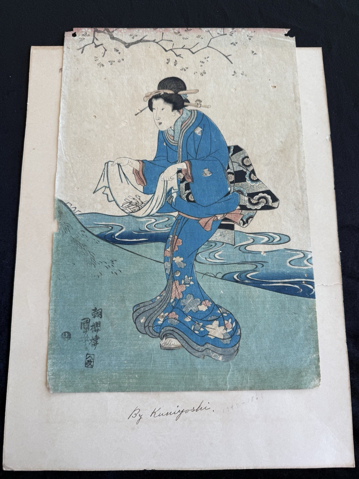 Utagawa Kuniyoshi Antique Japanese Woodblock Print Woman in Blue Kimono RARE
