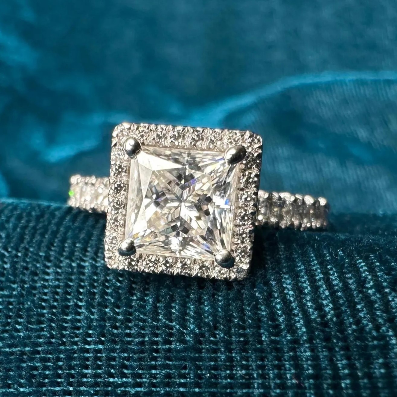 2 CTW Princess Cut Moissanite Halo Engagement Ring in 14K White Gold Plated
