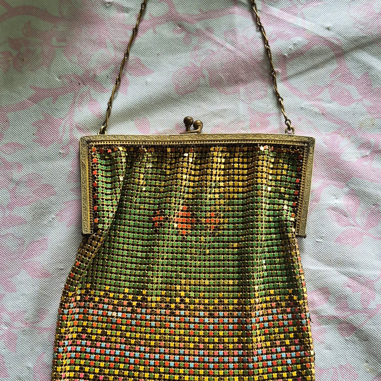 Vintage Metal Mesh Evening Bag Gold Green Pink Orange Chain Handle 1920\'s