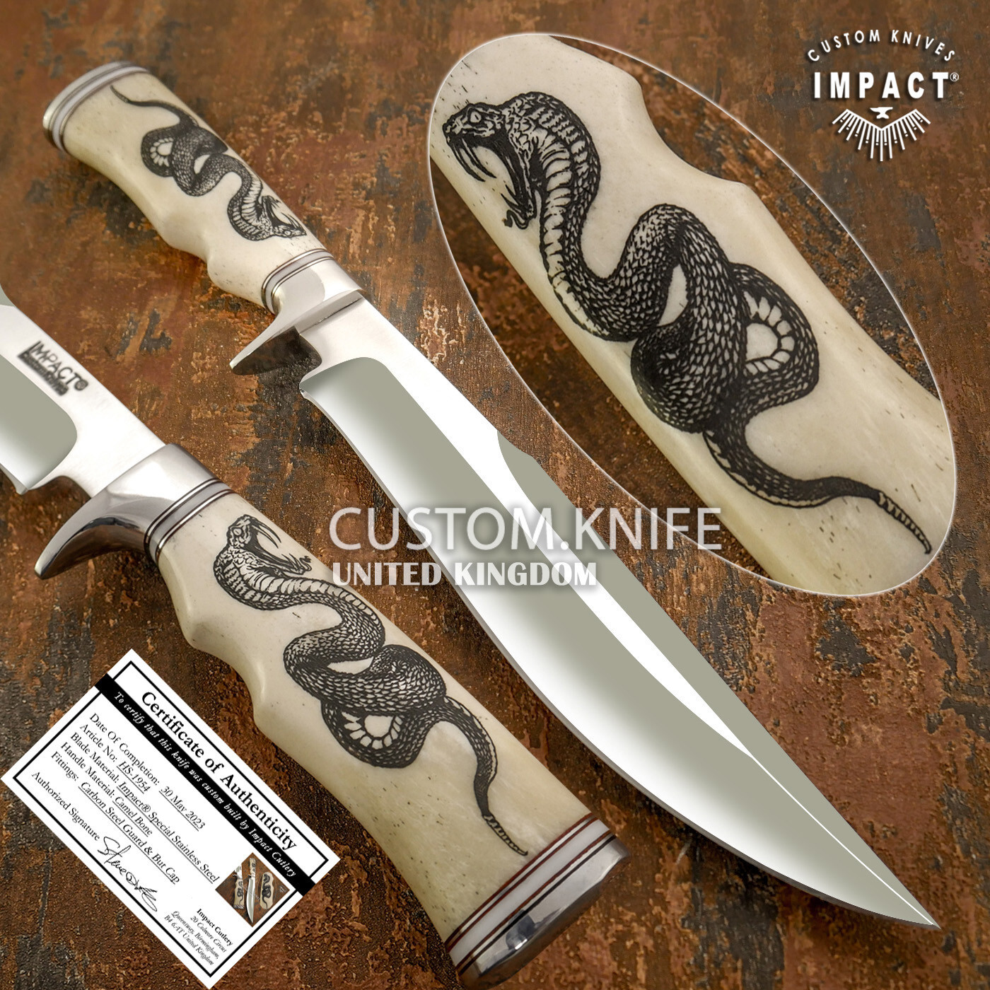 IMPACT CUTLERY RARE CUSTOM ART BOWIE KNIFE CAMEL BONE HANDLE