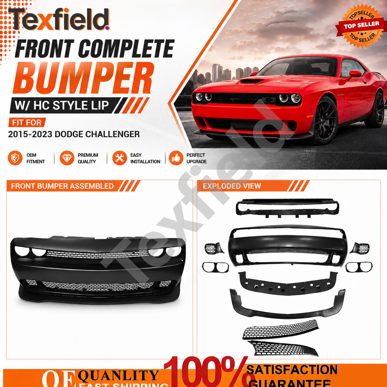Front Full Bumper Kit Fit 2015-2023 Dodge Challenger Hellcat Style w/Grille Lip