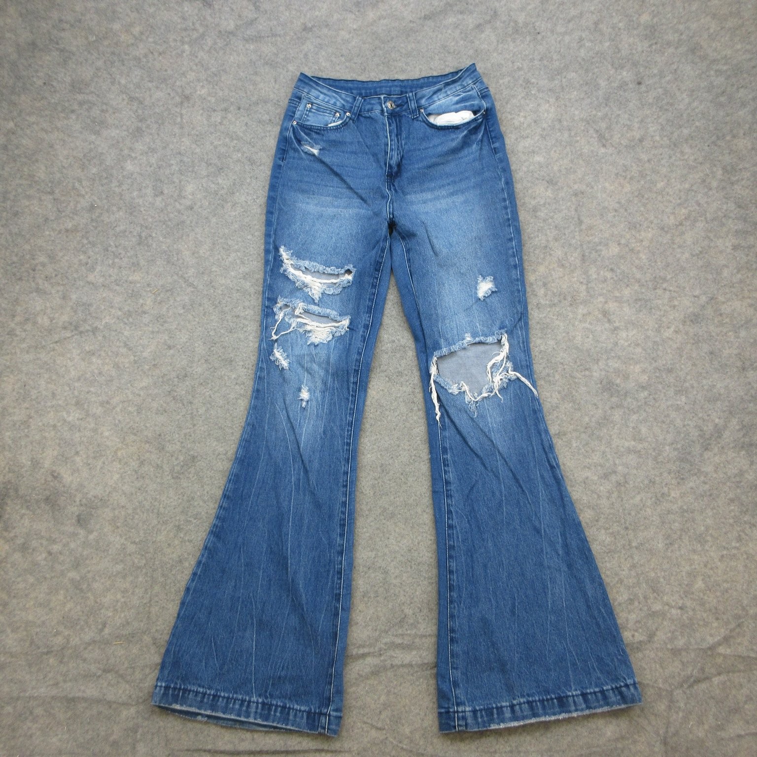 Shein Women\'s Blue Distressed Flare Jeans Size L Stretch Denim High Rise Shein Women\'s Blue Distressed Flare Jeans Size L Stretch Denim High Rise