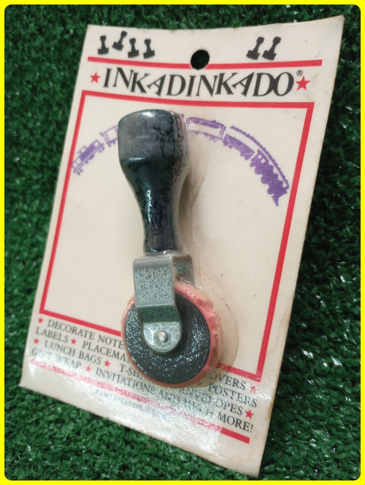 Vintage 1987 Rubber Roller Stamp InkaDinkaDo Trains On Track Wood Handle