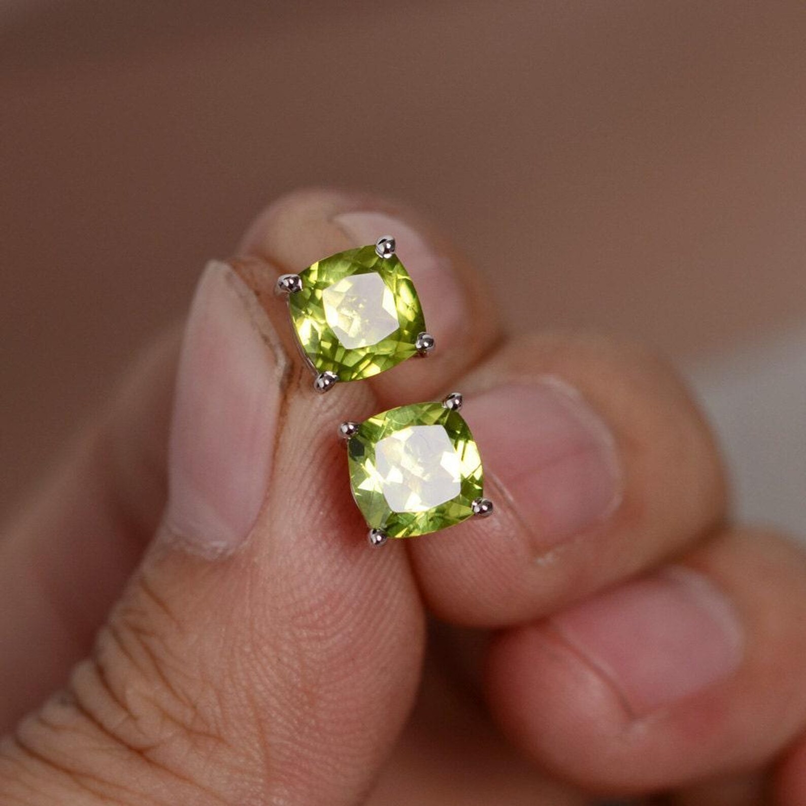 4 Ct Cushion Cut Natural Peridot Diamond Wedding Bridal Earring 14K White Gold