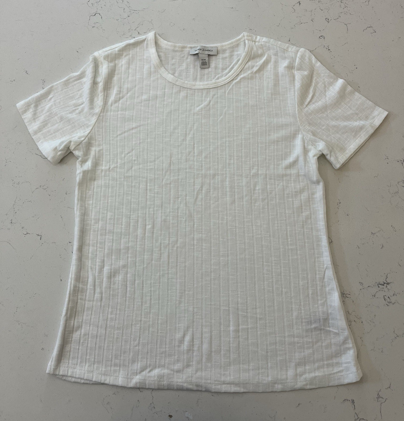 Vintage America Womens Short Sleeve Ribbed Knit T Shirt Crewneck White Size M Vintage America Womens Short Sleeve Ribbed Knit T Shirt Crewneck White Size M