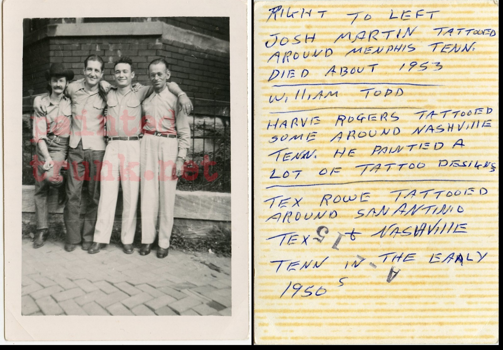 original antique 50s tex rowe harve rogers tattoo col. todd photo tennesee 3x4.5
