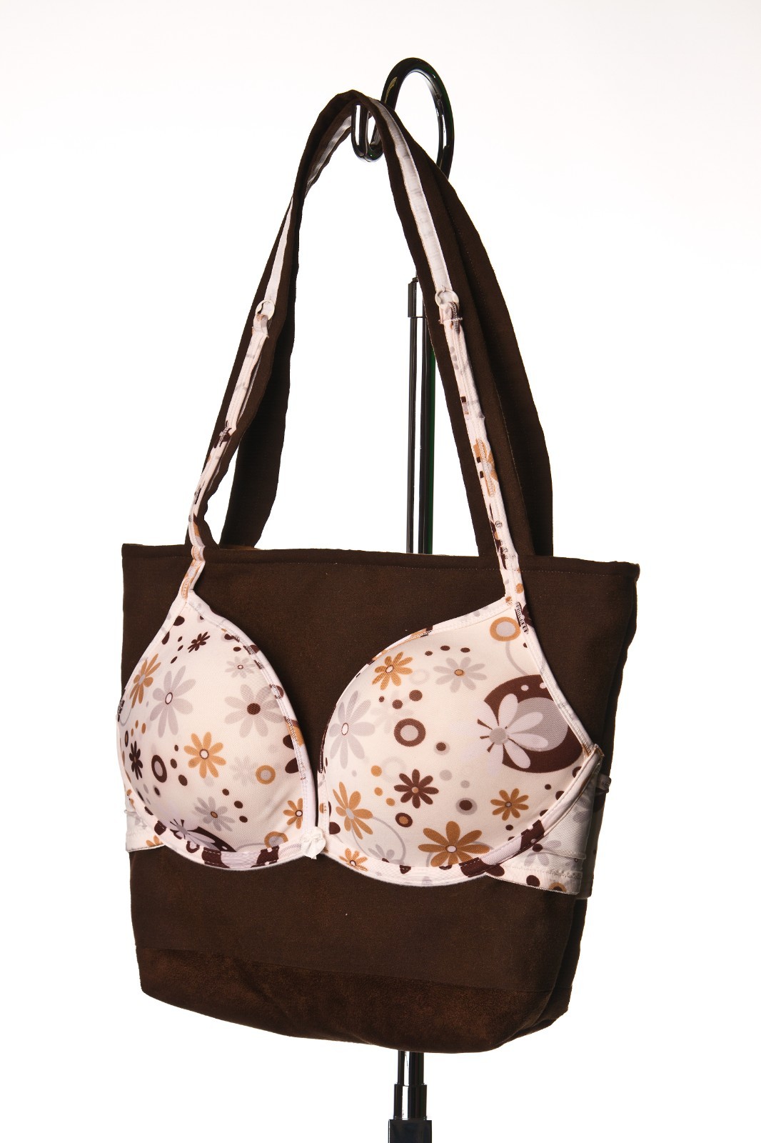Vintage Handmade Bra Purse Brown Floral Lingerie Novelty Tote Shoulder Bag Y2K