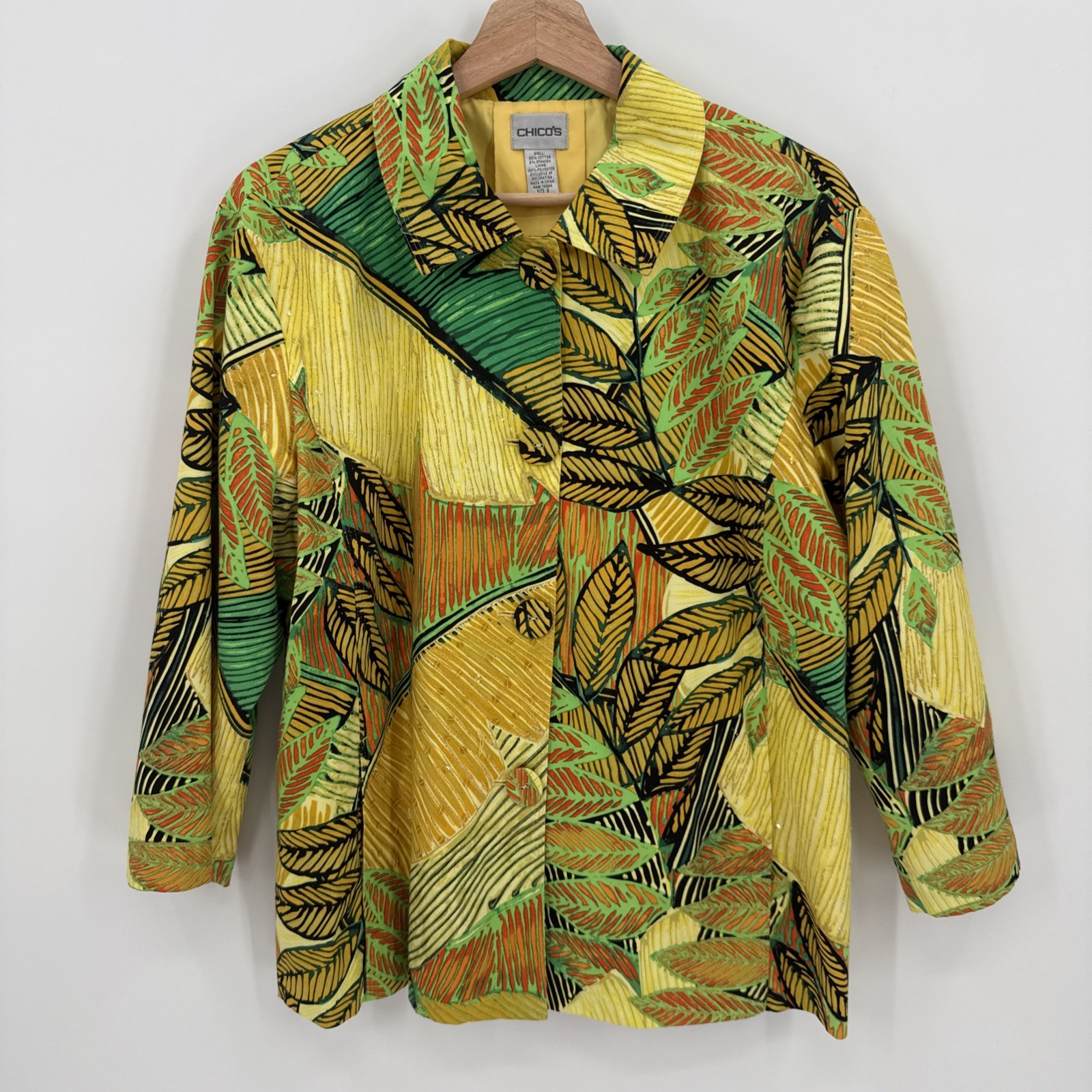 Vintage Chico\'s Womens Tropical Floral Button Up Jacket Size 3/XL Sequin Artsy