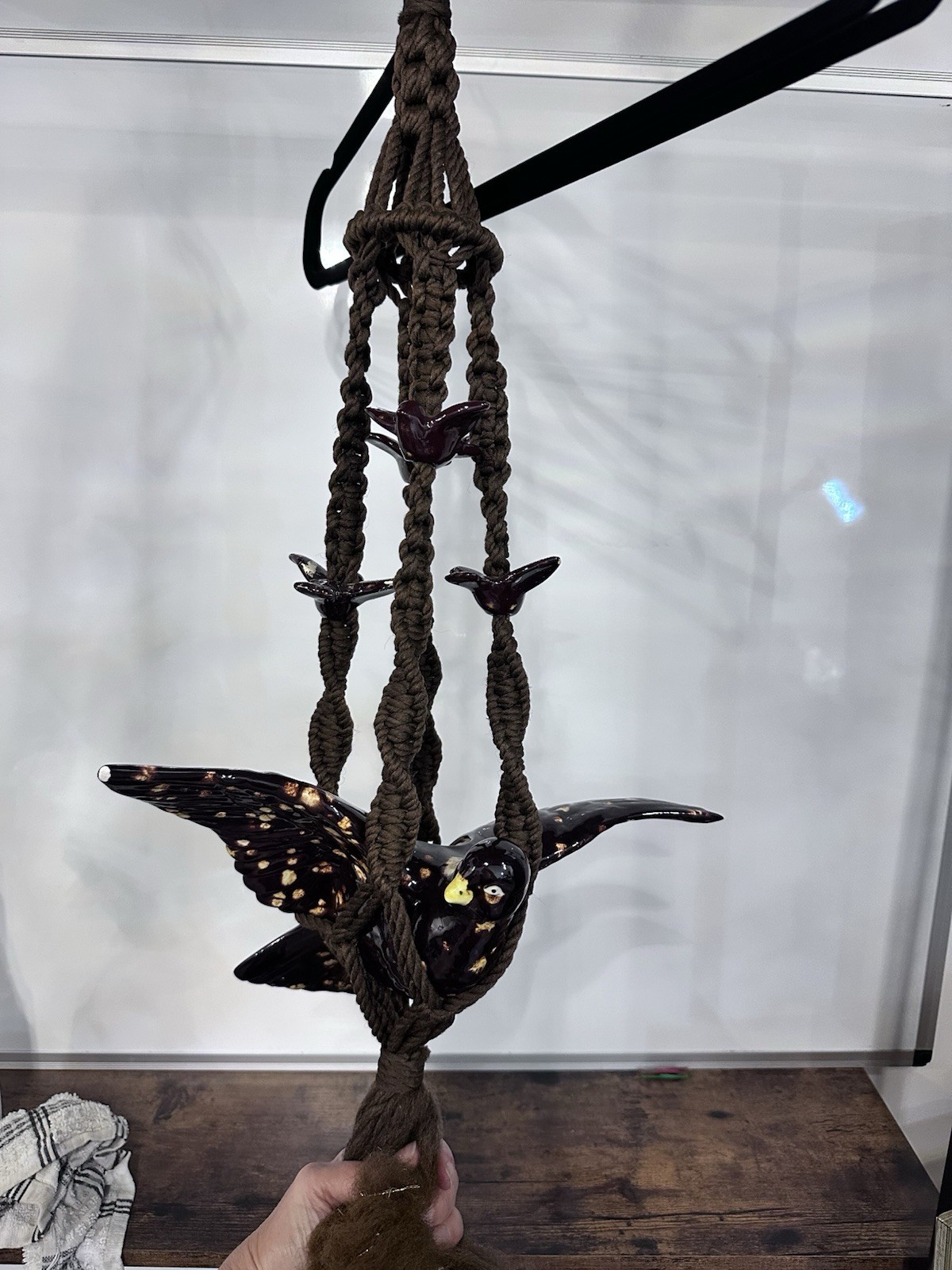 Vintage 1970s Boho Macrame Hanging Bird Planter Pot Holder