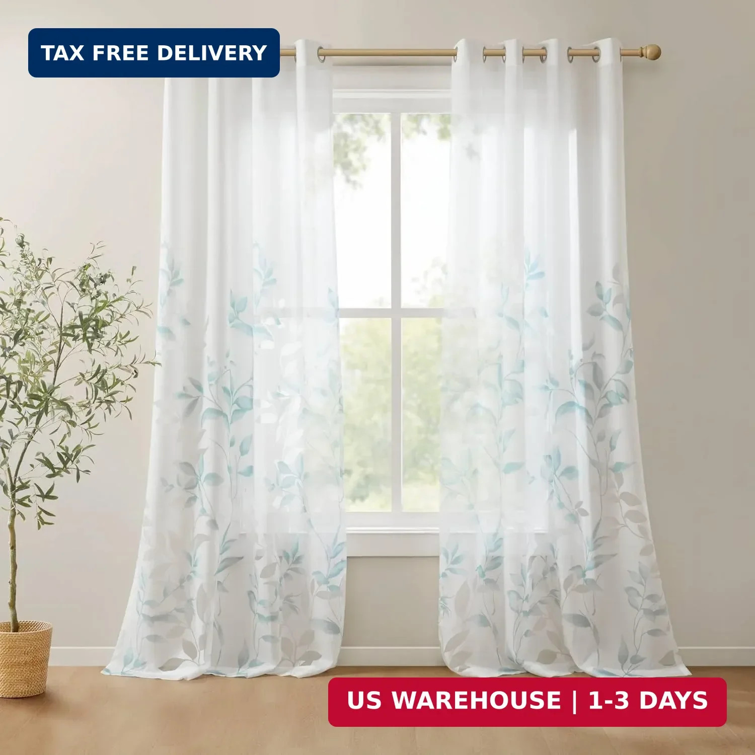 Semi Sheer Curtain, Burnout Botanical Print, 2-PK 50x84 Aqua