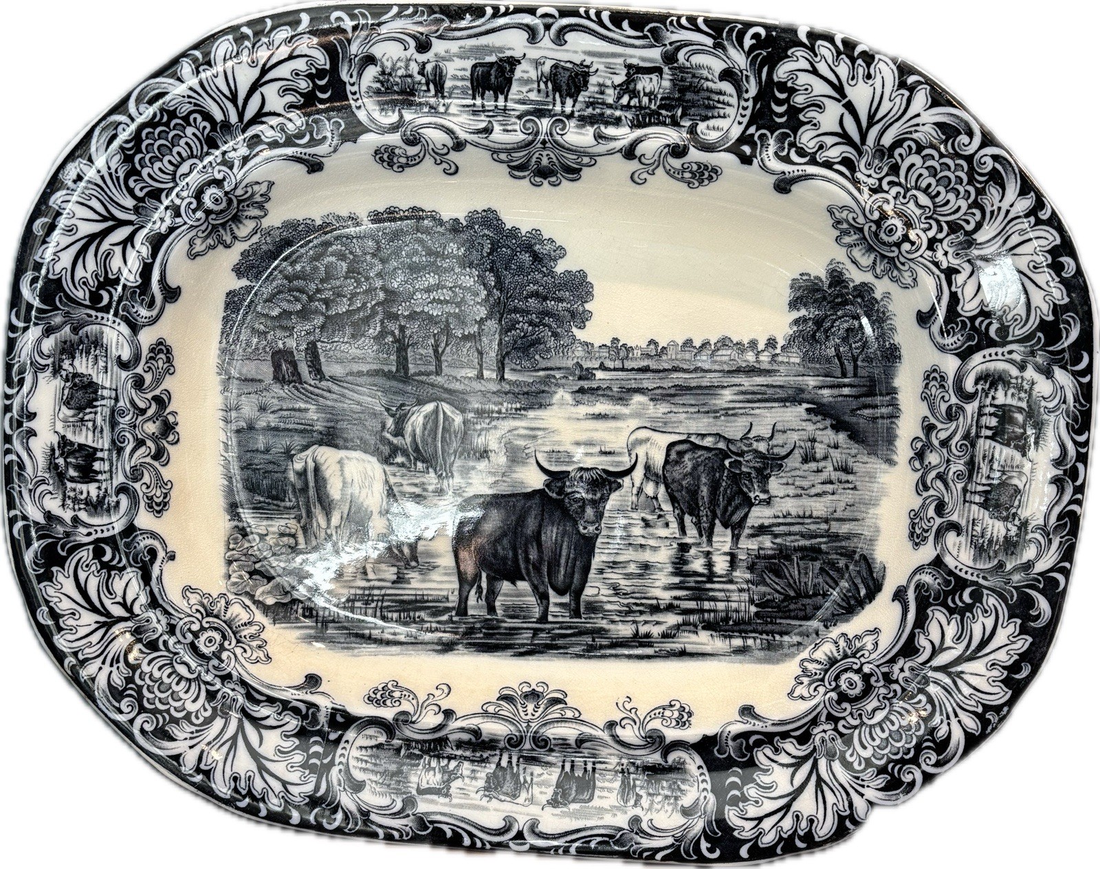 Wedgwood England Blue & White Oval Stoneware Platter, Cattle Animals Scene
