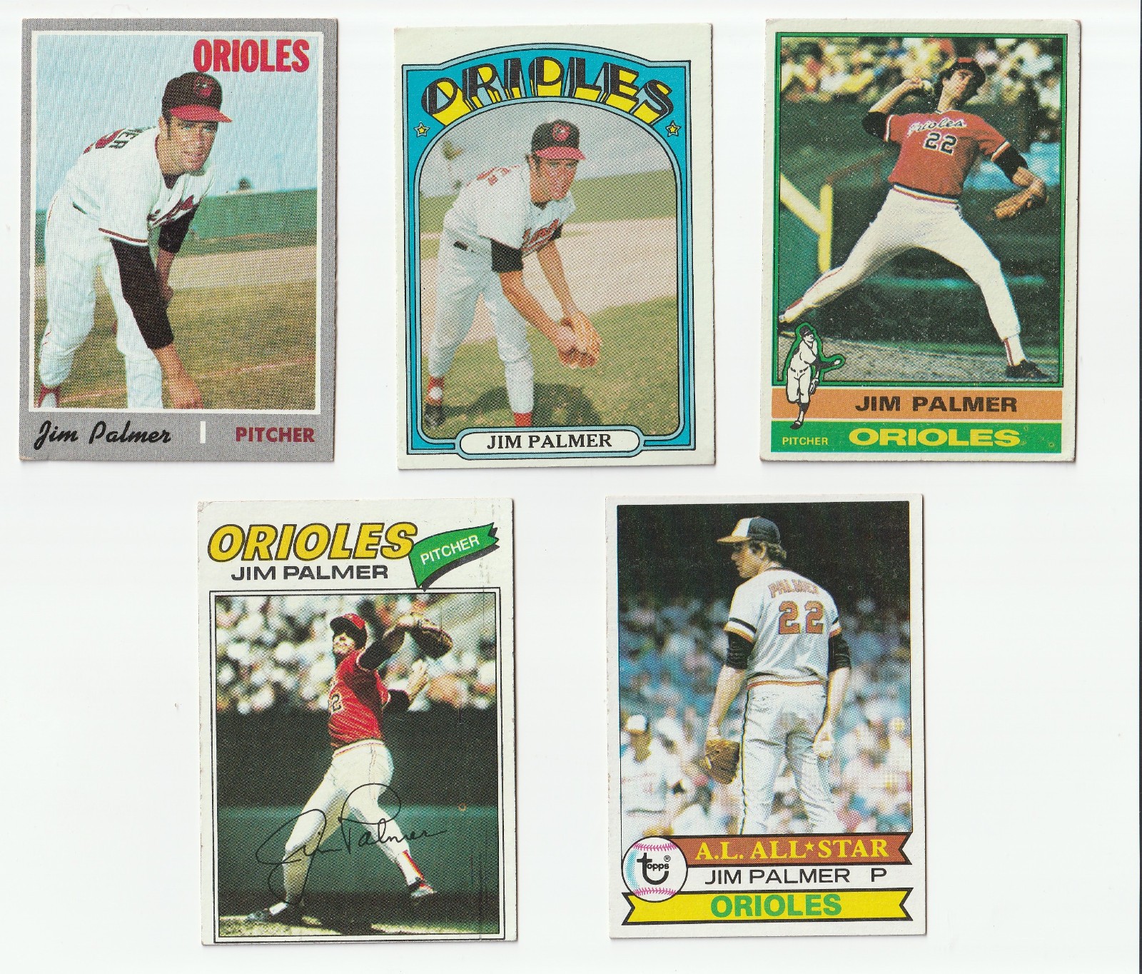 1970–1979 Topps Jim Palmer 5-Card Lot – Baltimore Orioles HOF