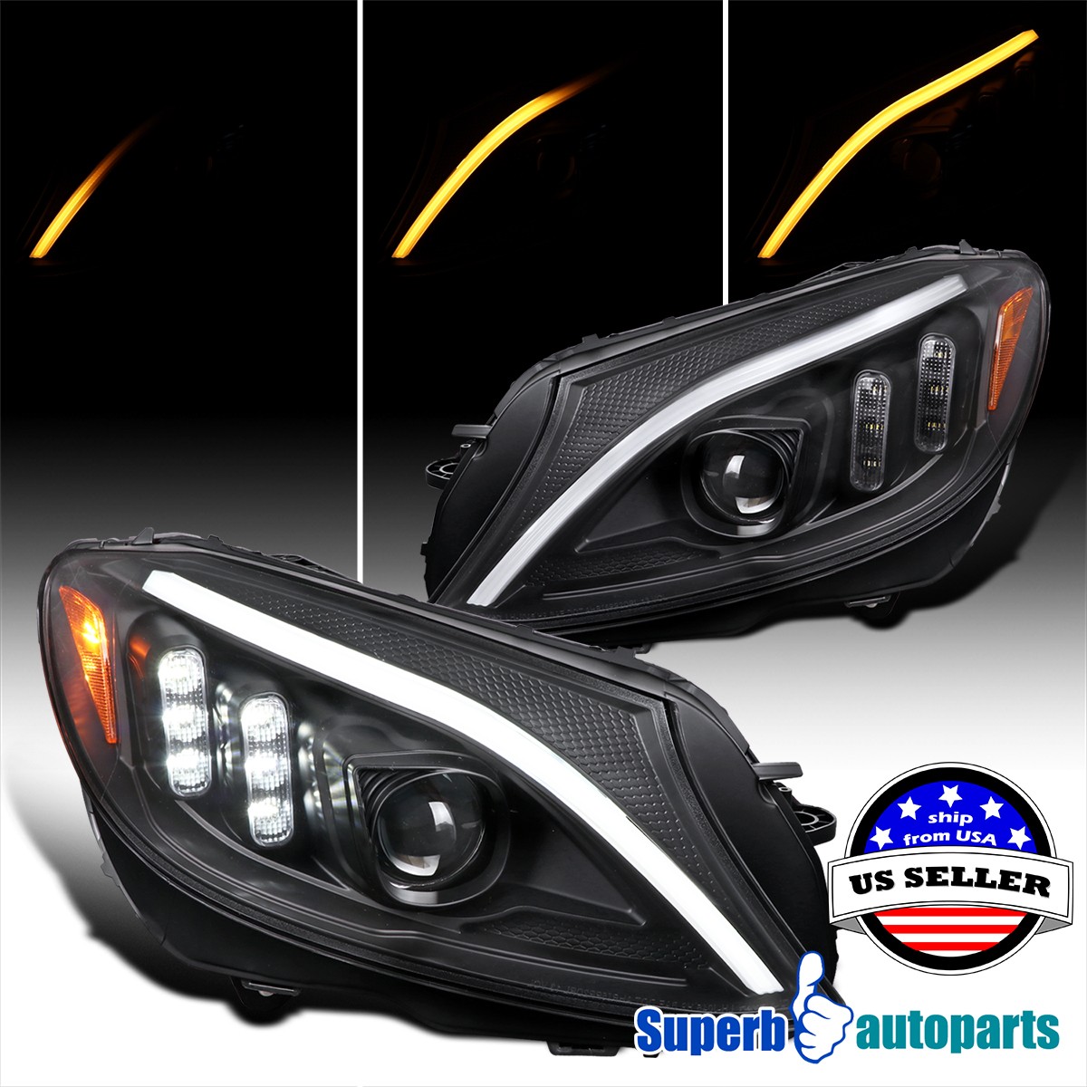 Fits 2015-2018 Benz W205 C Class Projector Sequential Signal Headlights Black