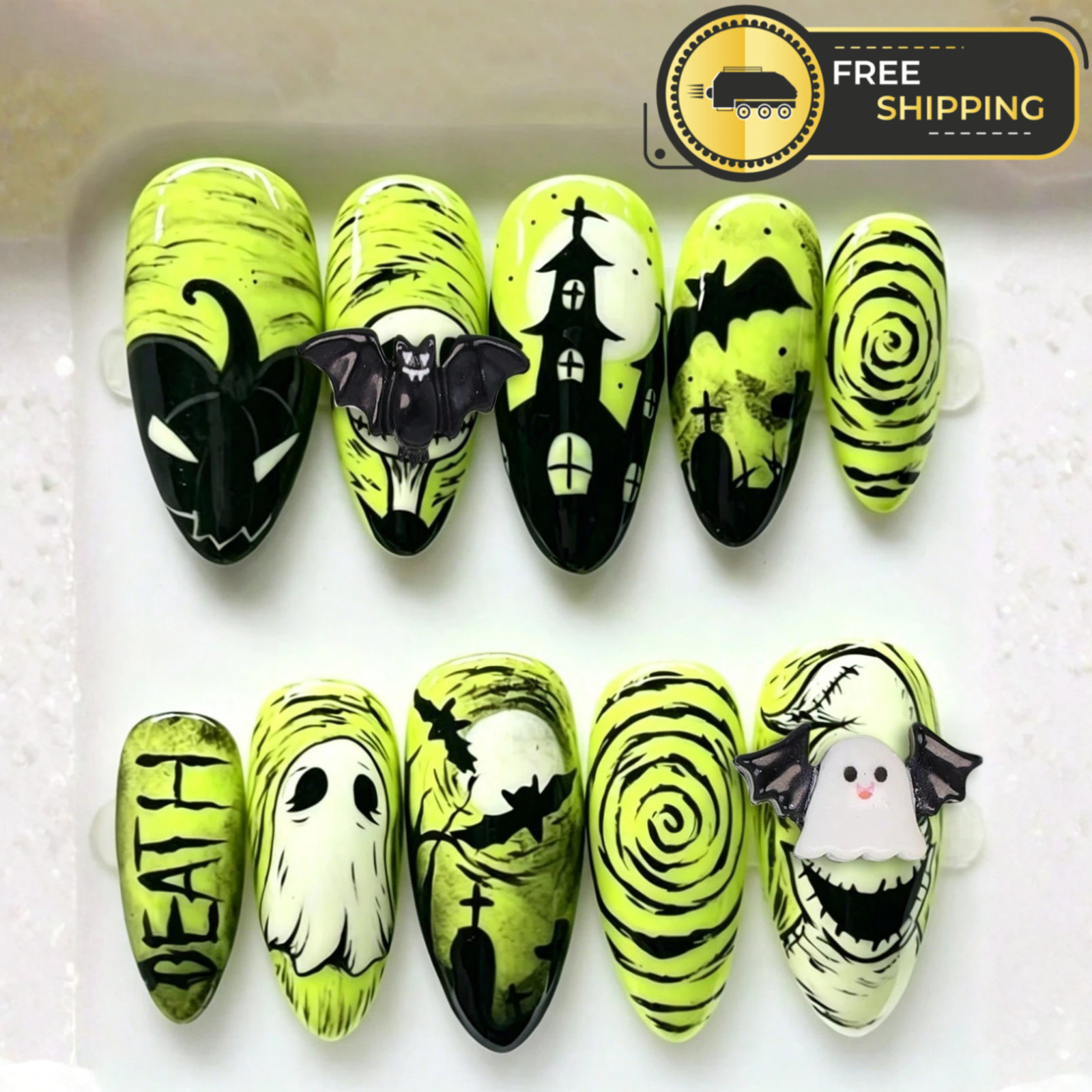 Halloween Press On Nails For Womens Nail Extension French Almond Shape Fake Nail