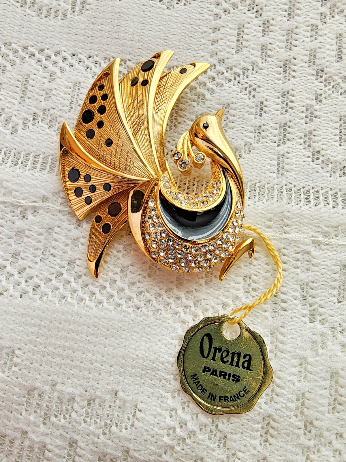 Vintage Orena Peacock Brooch Pin Paris Art Nouveau Rhinestone Gold Tone Novelty