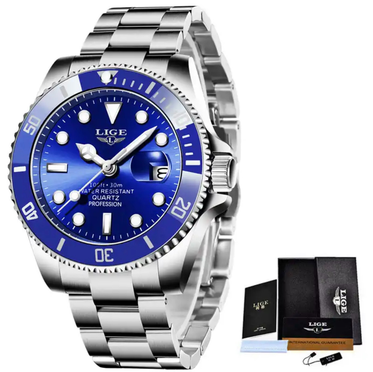 LIGE Top Brand Luxury Diver Watch Men 30ATM Waterproof Date Sport Quartz BLUE