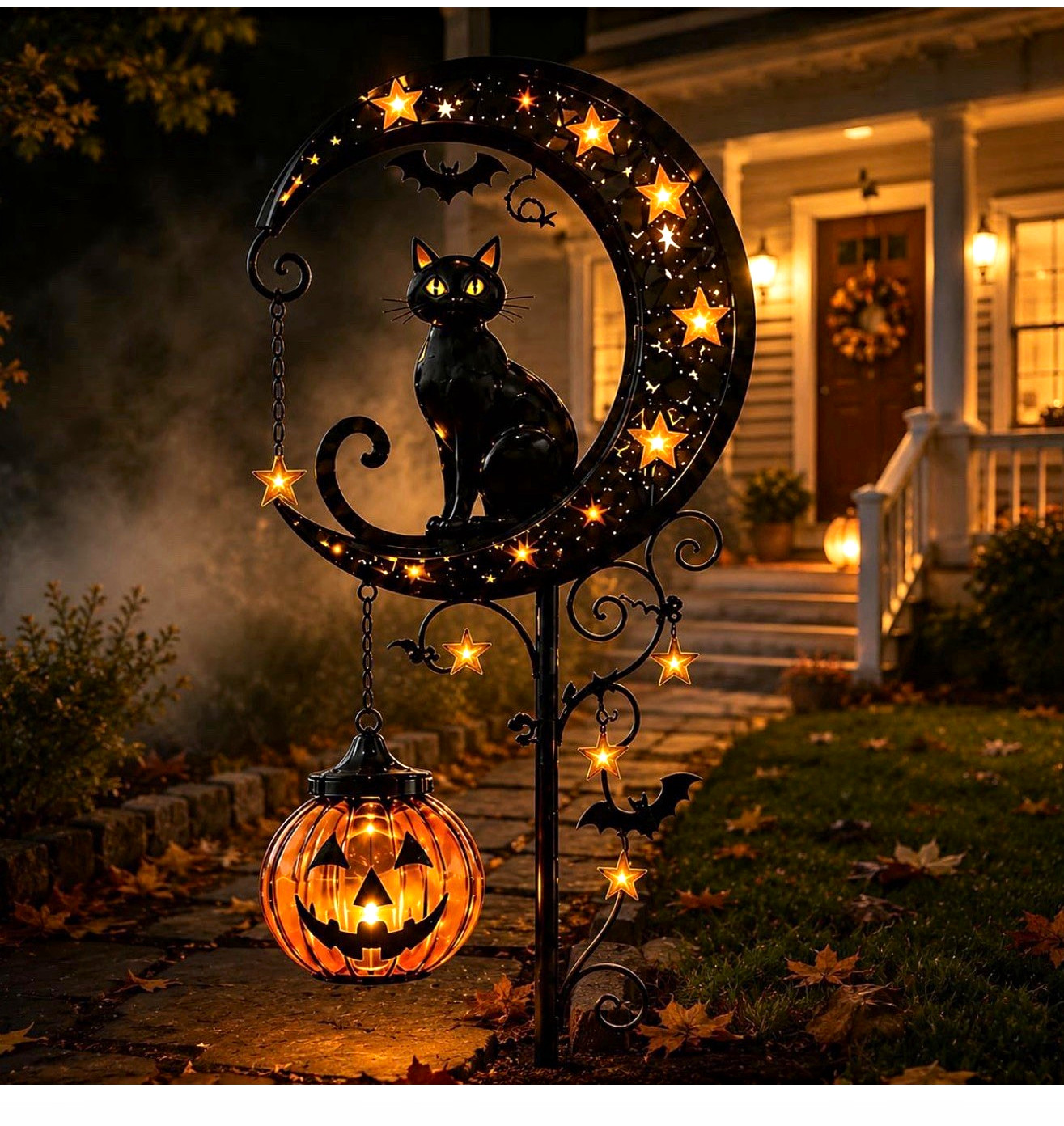 Solar Halloween Cat Moon Pumpkin Lantern Ground Stake Light LED Warm White