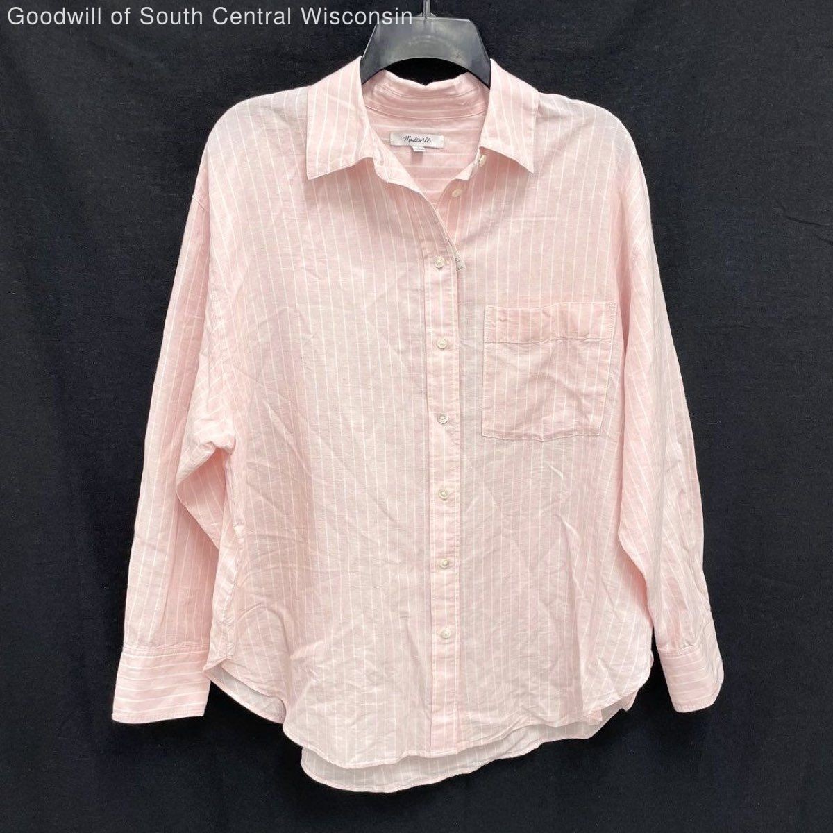 NWT Wmns MADEWELL Linen & Cotton Light Pink Striped Oversized Button Up Shirt M