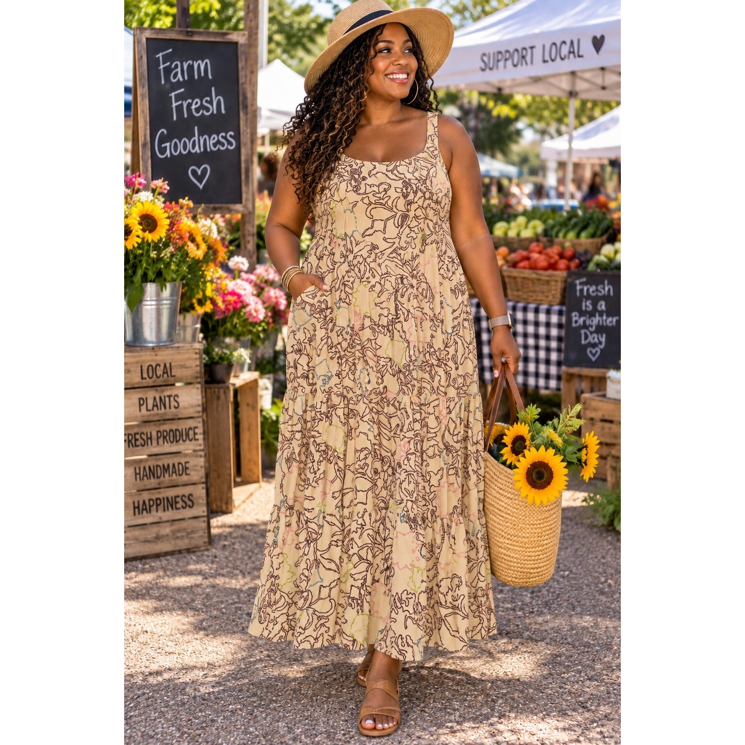 Knox Rose Women XXL Floral Print Tiered Midi Dress Smocked Back Pockets Cream Knox Rose Women XXL Floral Print Tiered Midi Dress Smocked Back Pockets Cream