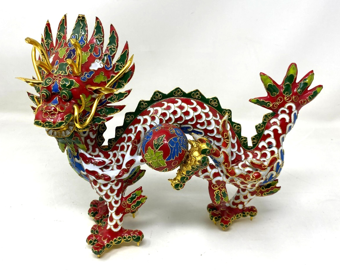 Vintage Chinese Cloisonne Dragon Red White Metal Enamel Figurine