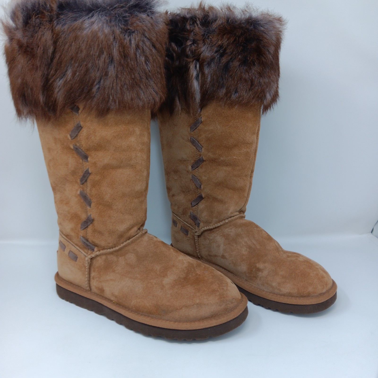 UGGs Australia Rosana Boots Chestnut Suede Fur Cuff Tall Winter Womens 8 EU 39