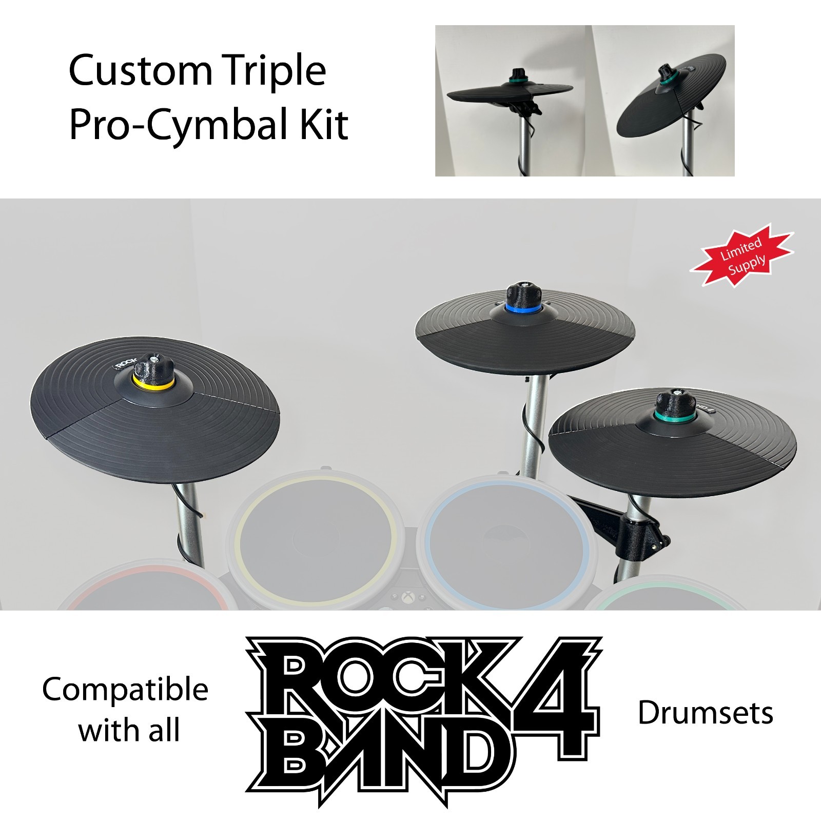 NEW Custom Rock Band 4 Triple Pro Cymbal Kit -Compatible w ALL Rock Band 4 Drums