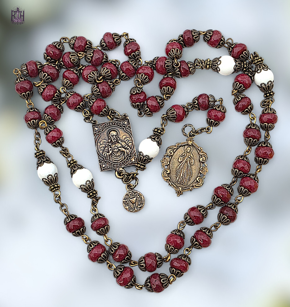 Divine Mercy Sacred Heart Rosary Chaplet 58 Beads - Bronze Heirloom Red Jade