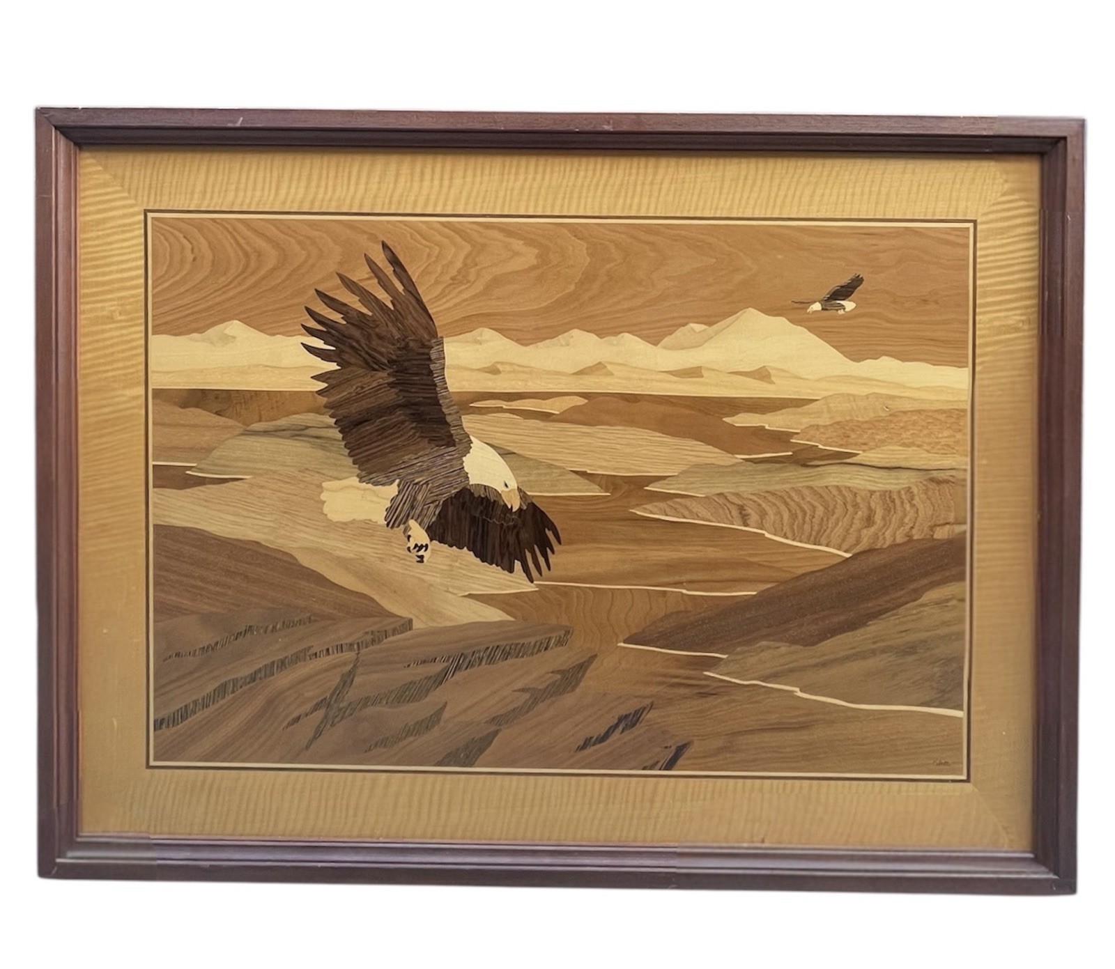 Mid-20th Century American Marquetry Landscape “Eagles in Flight” by Nelson