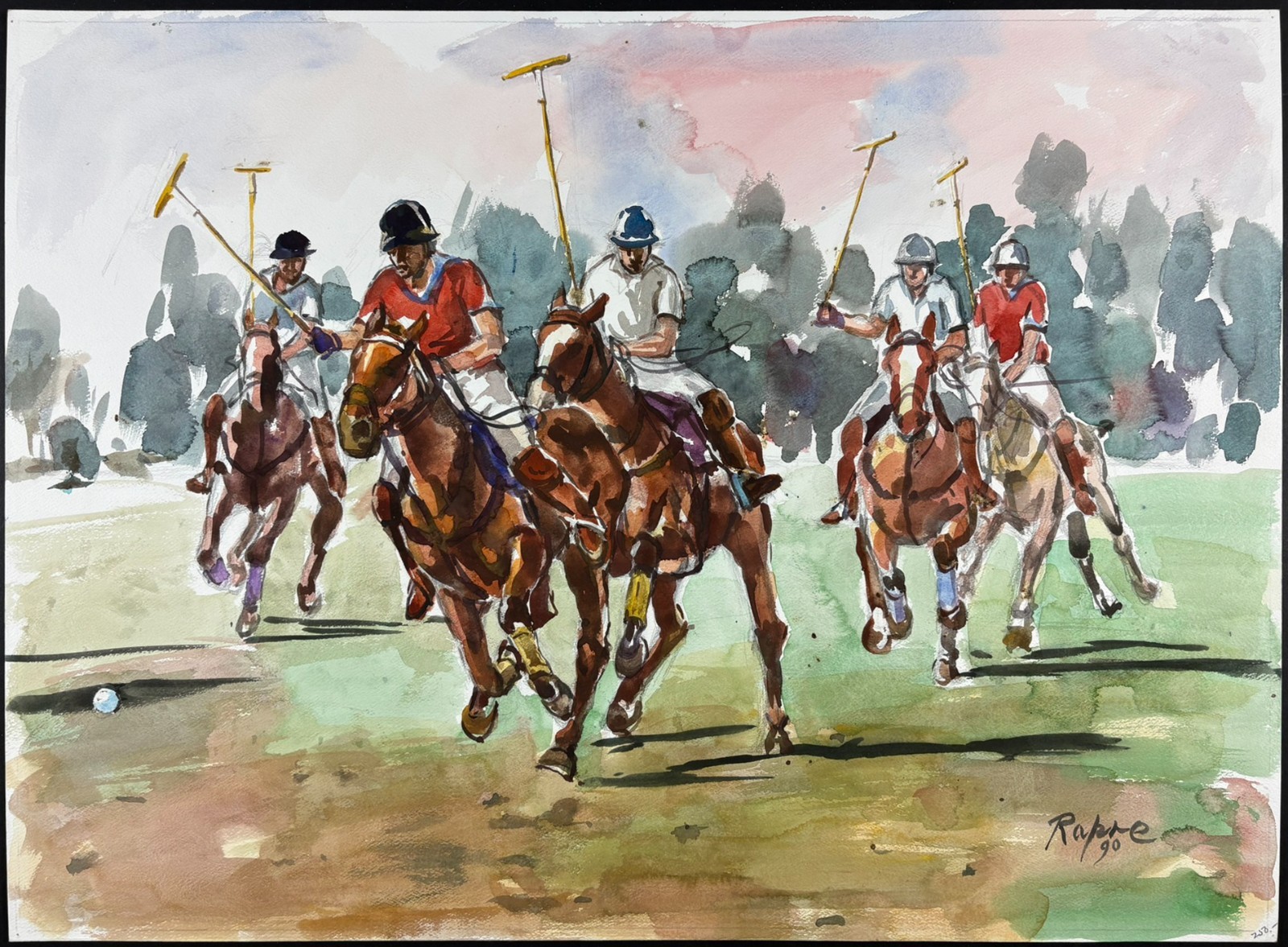 Original 1990 Watercolor Polo Players Signed Equestrian Canson France 29.5x21.75