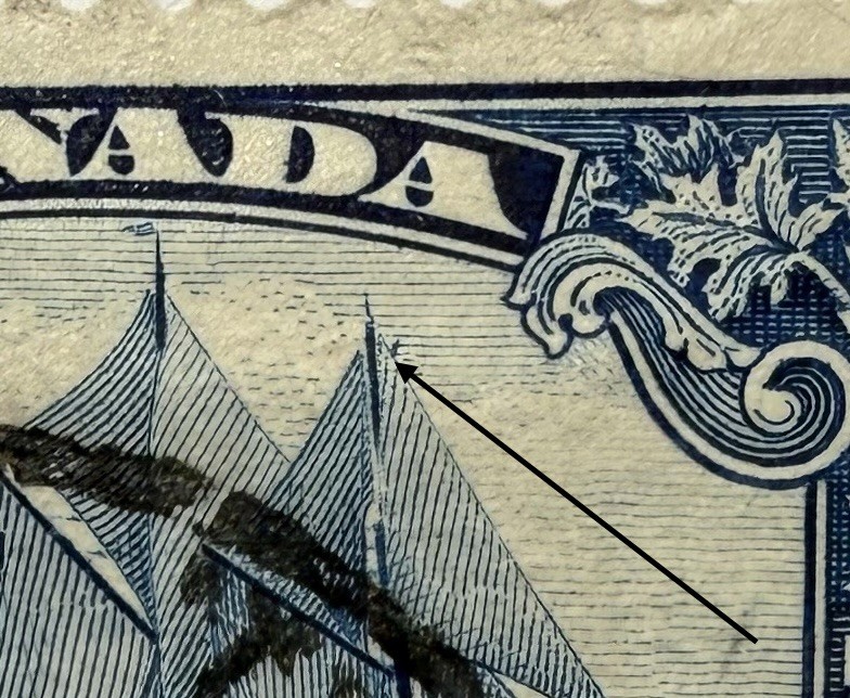 Canada #158iii 1929 50c Bluenose “Man on the mast”Plate Flaw,Used/VF; $2,000 UCV