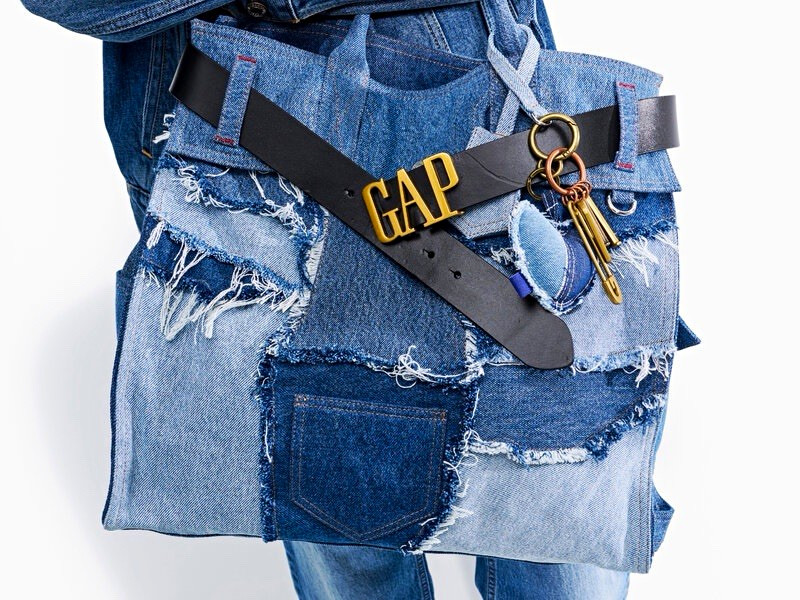GAP Large Patchwork Tote Bag Blue Distressed Top Handle w/ Pockets