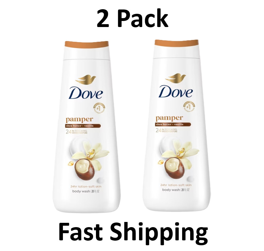 2 Pack Dove Pampering Gentle Body Wash for Women Shea Butter & Vanilla, 20 fl oz