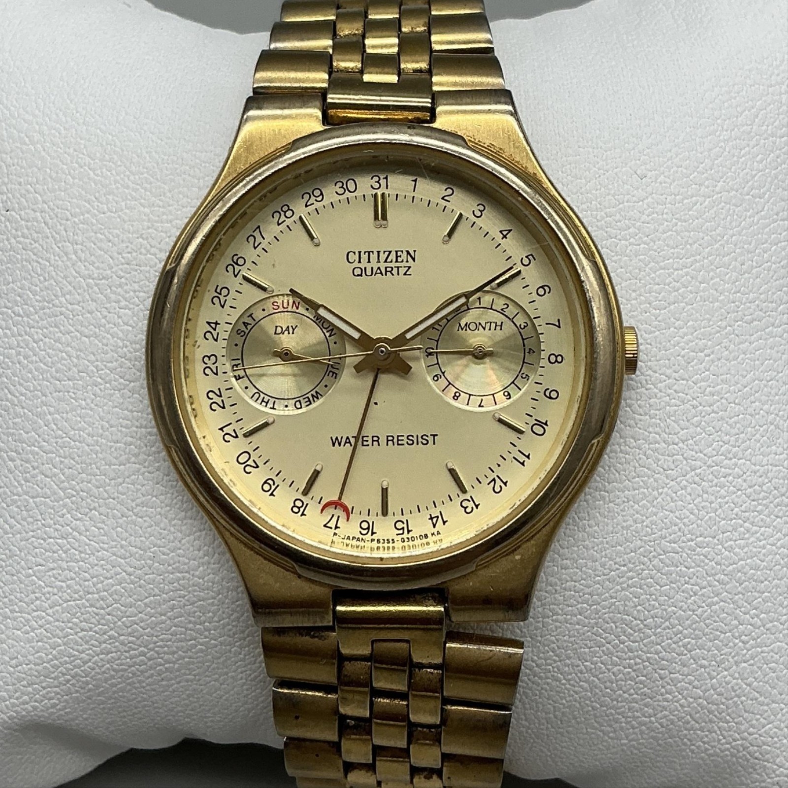 Vintage Citizen Mens Watch 34mm Gold Tone 6355-G30062 Day Month Date 6.75\