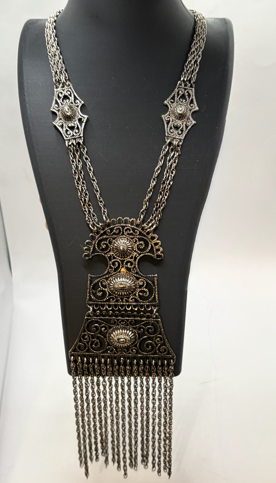Vintage Etruscan Revival Silver Tone Filigree Multi Chain Fringe Necklace
