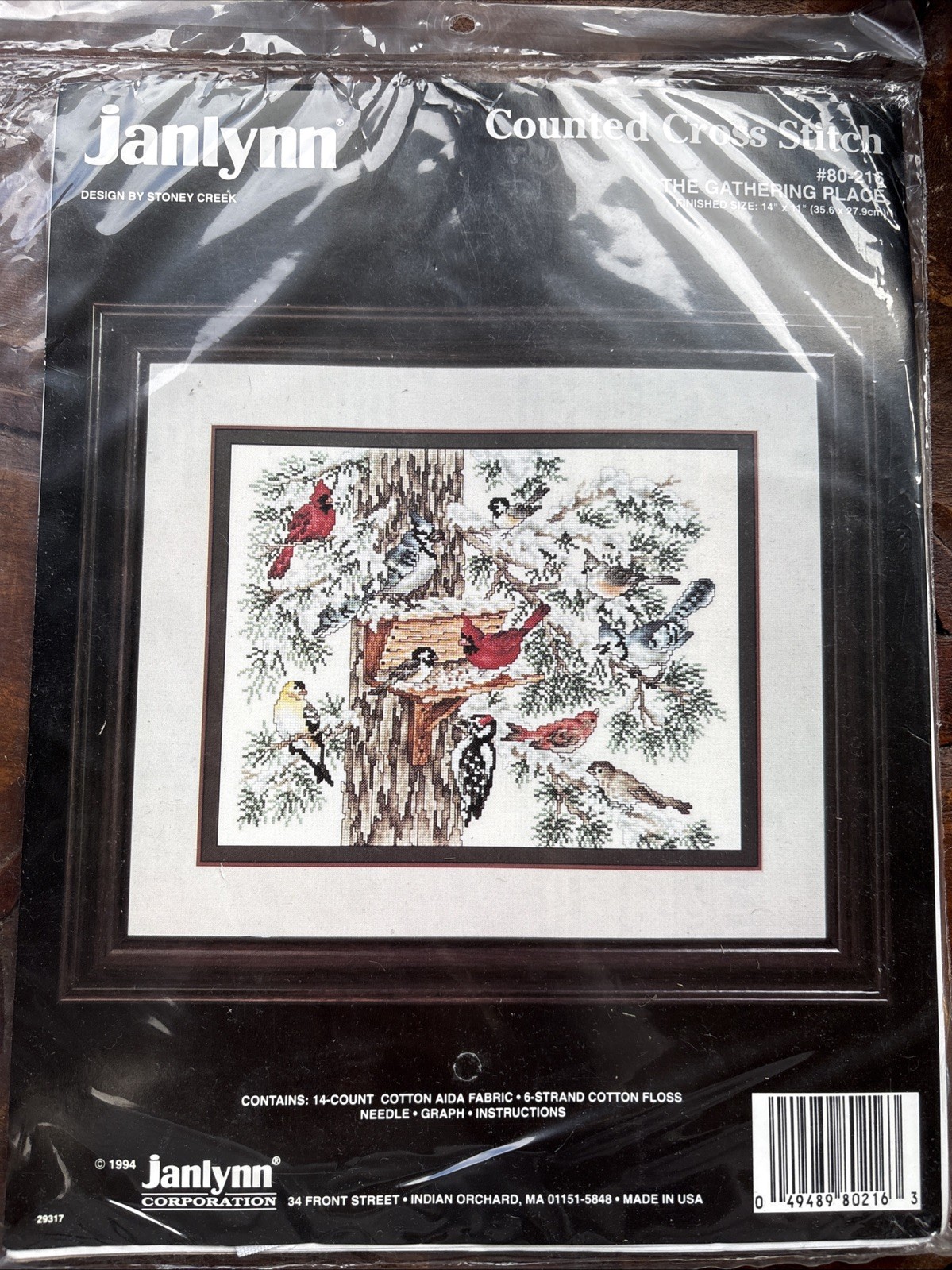 NEW vtg 1994 Janlynn Cross Stitch Kit #80-216 GATHERING PLACE birds winter 14X11