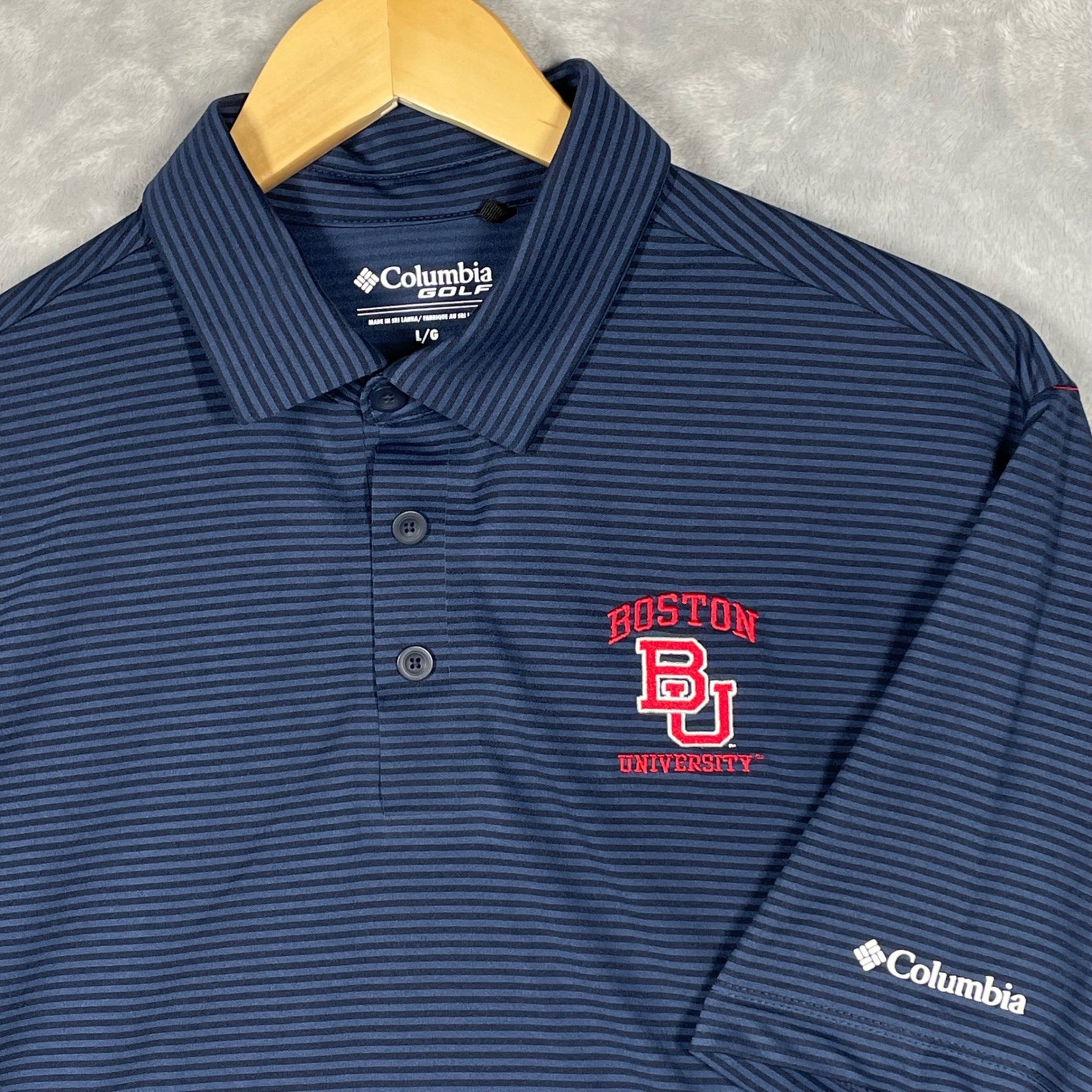 Columbia Golf Boston University Terriers Polo Shirt Mens Large Navy Blue Striped