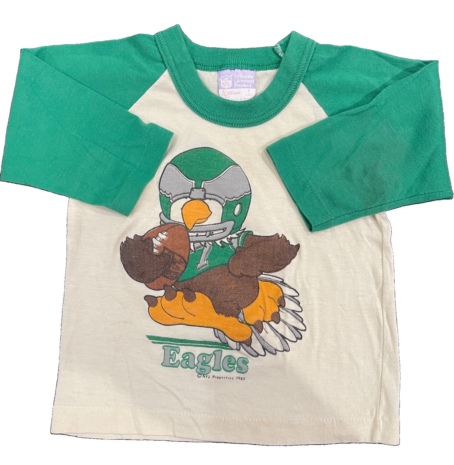 Vintage 1982 Philadelphia Eagles Kids Raglan Tee Size 4 Kelly Green Allison NFL