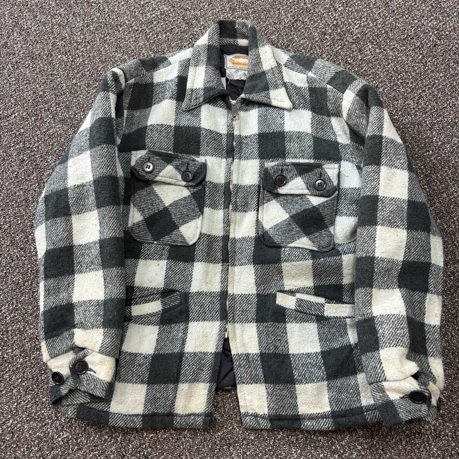 1970s Zip Up Plaid Jacket True Vintage Black White Quilted Rare Cotton Large 1970s Zip Up Plaid Jacket True Vintage Black White Quilted Rare Cotton Large
