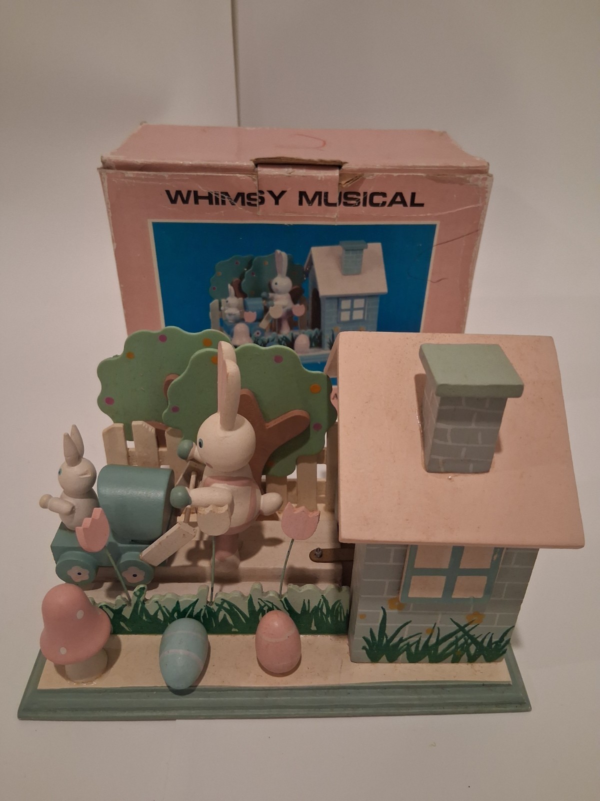Vintage Whimsy Musical Wooden Easter Bunny Box Moving Wind Up Mechanical Toy