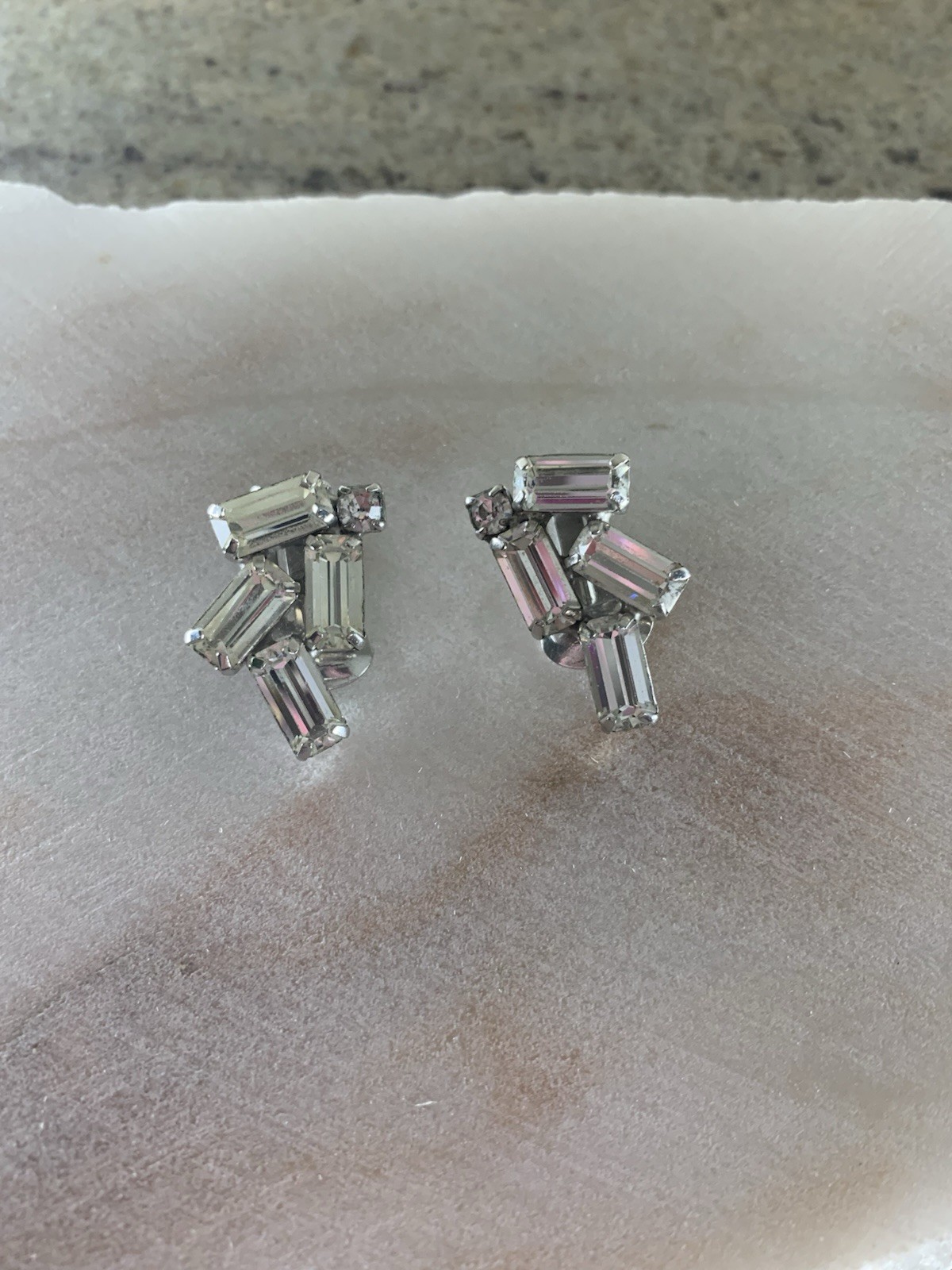VTG WEISS Signed Silver Tone Clear Crystal Rhinestone Clip-On Dangle Earrings
