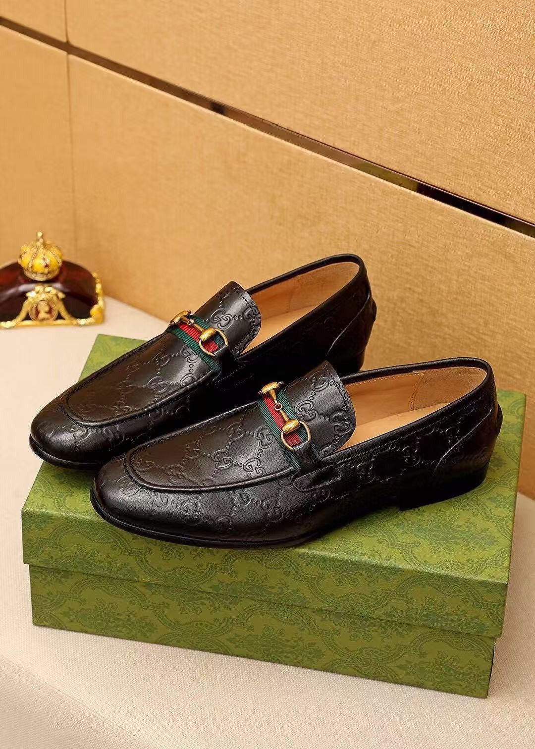 Gucci Men's Horsebit Web GG Loafers Black Leather Slip On Dress Shoes